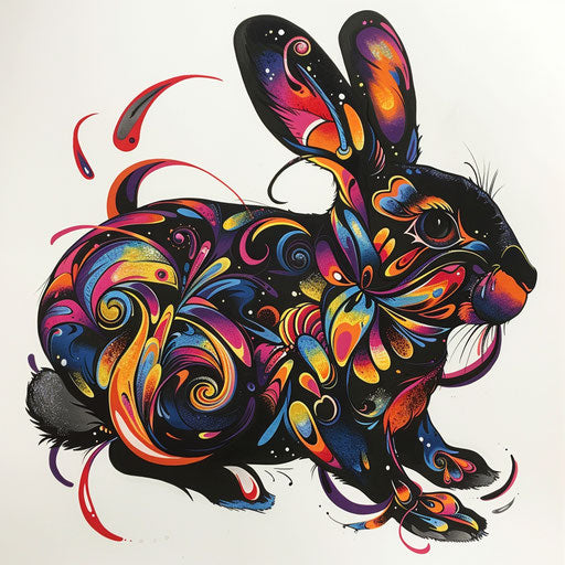 Black rabbit tattoo with psychedelic swirls and vibrant colors