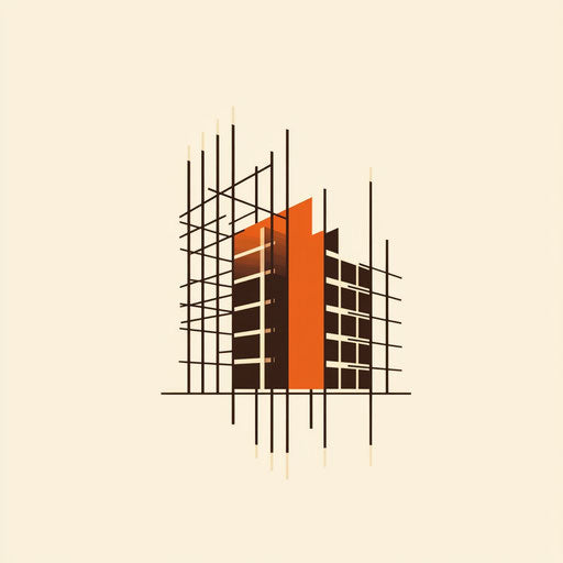 Sophisticated construction company logo with modern typography, in orange and deep brown colors on cream background.