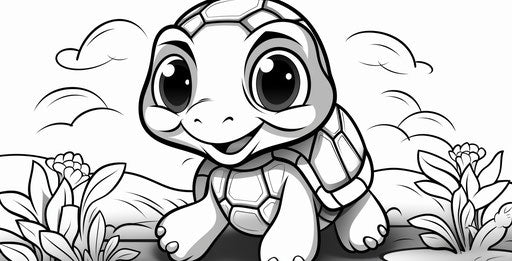 Cute kawaii turtle coloring page, precisionist lines