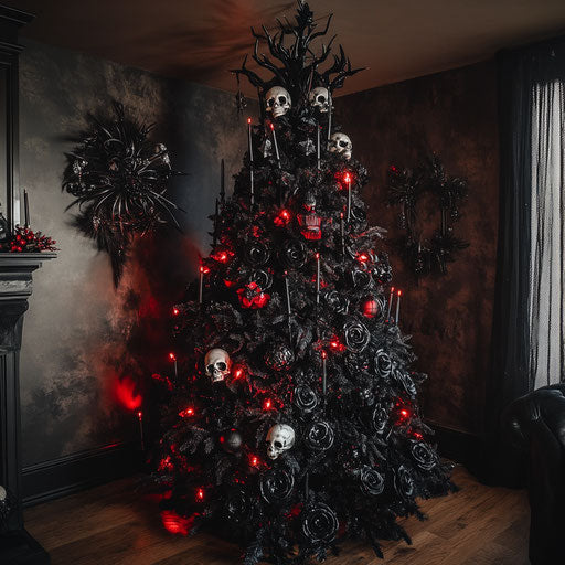 Gothic Christmas tree in a dimly lit room
