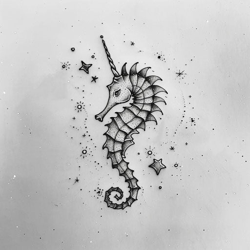 Minimalist black line art tattoo sketch of a seahorse surrounded by tiny stars