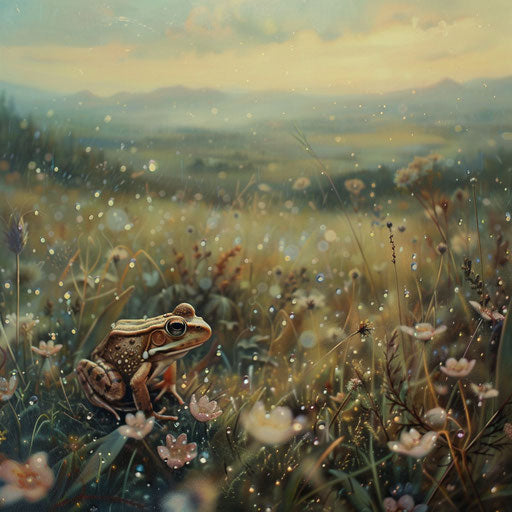 A frog on a journey through a dewy meadow, its tiny figure contrasted against the vast landscape.