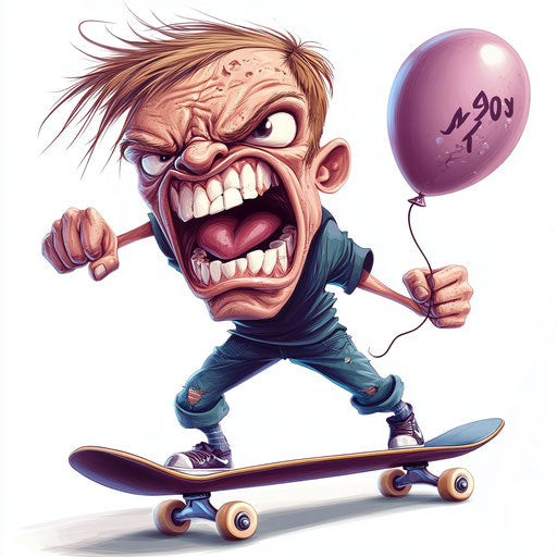 Humorous caricature of a skateboard with human characteristics, exaggerated frowning mouth, short legs, holding a balloon, vibrant colors, cartoon style, angry, high-resolution, no background, isolated