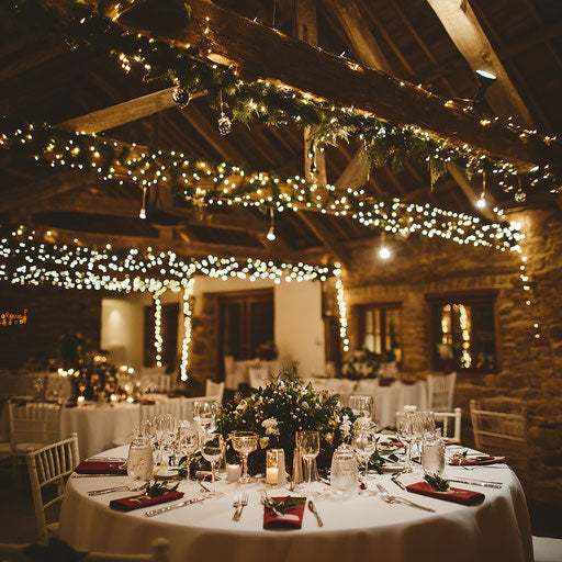 Christmas wedding decorations in a rustic barn conversion