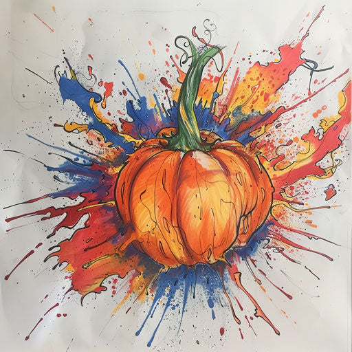 Dynamic tattoo sketch of a pumpkin exploding with energy lines in a vivid color mix