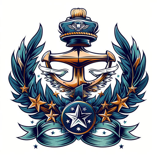 Navy tattoo with badge and stars in stylized metallic color
