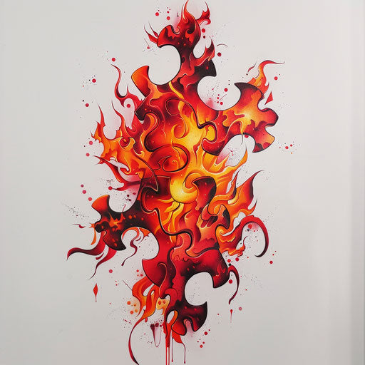 Fiery puzzle piece tattoo design on white canvas