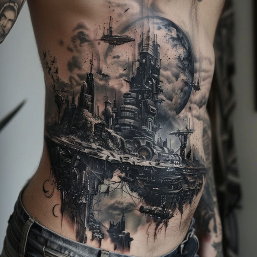 Sci-fi landscapes and futuristic themes in J.P. Targete's stomach tattoos style