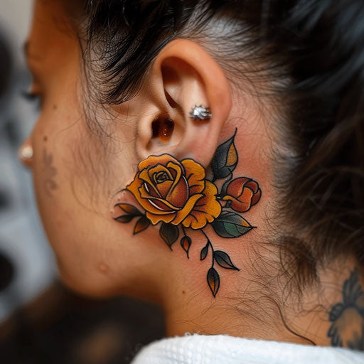 Ear tattoos in the style of Ed Hardy with classic roses