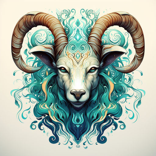 Goat head with colorful and symmetrical designs