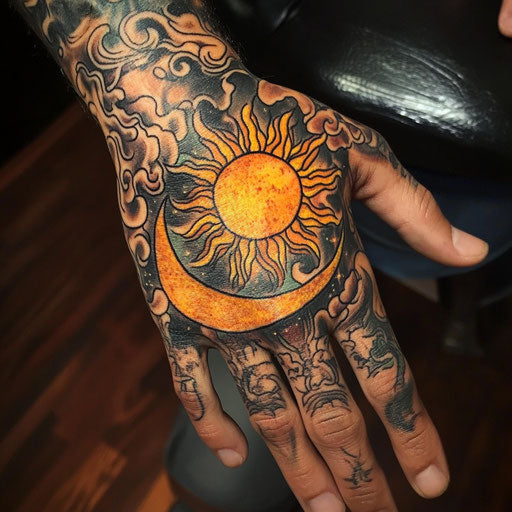 Cool hand tattoos of a celestial sun and moon