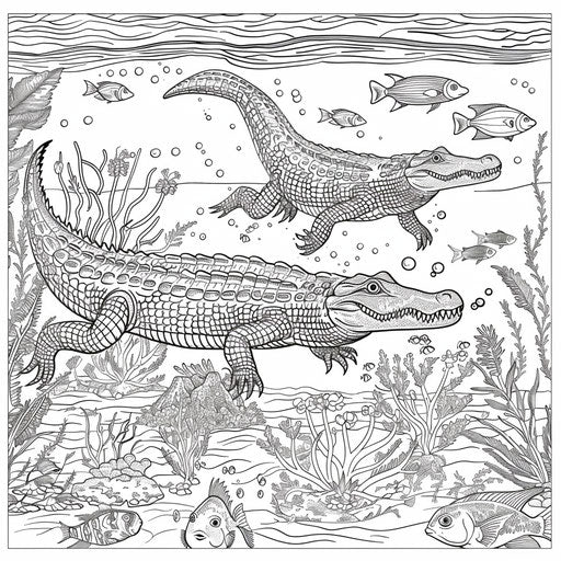Crocodile swimming underwater with fish and aquatic plants