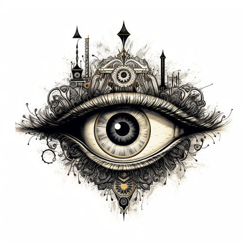 Black and white drawing with an eye, spiritual motifs
