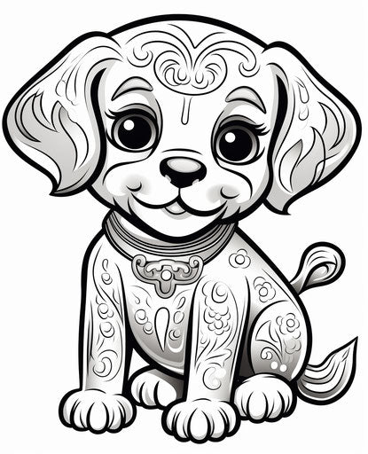 Cartoon puppy on white background, ornate style