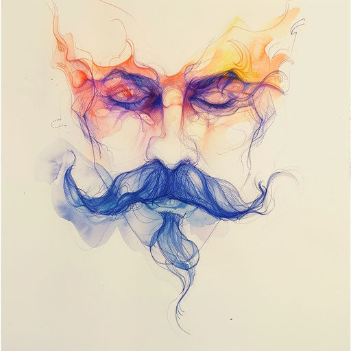 Watercolor tattoo sketch of a flowing mustache with blending colors and a translucent effect