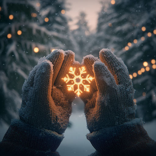 Hands in mittens holding a glowing snowflake