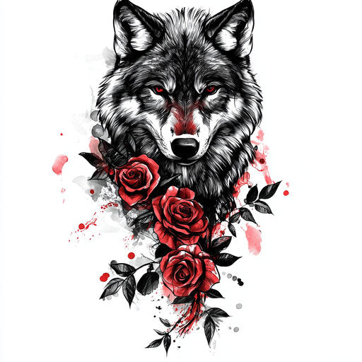 Wolf and black and red roses in flat tattoo style