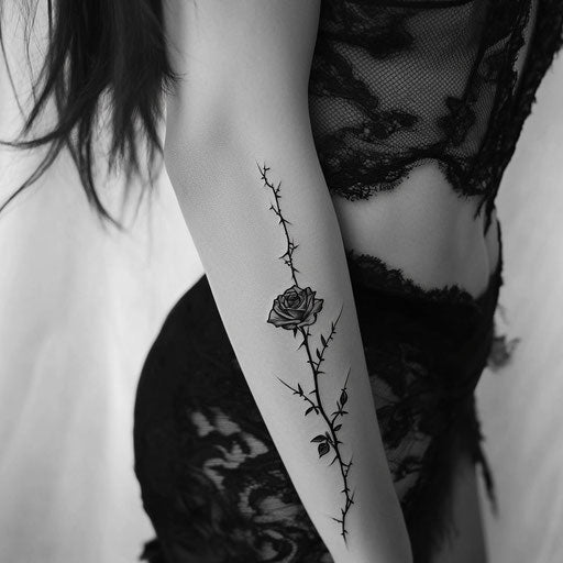 Feminine tattoos with minimalist rose and thorns