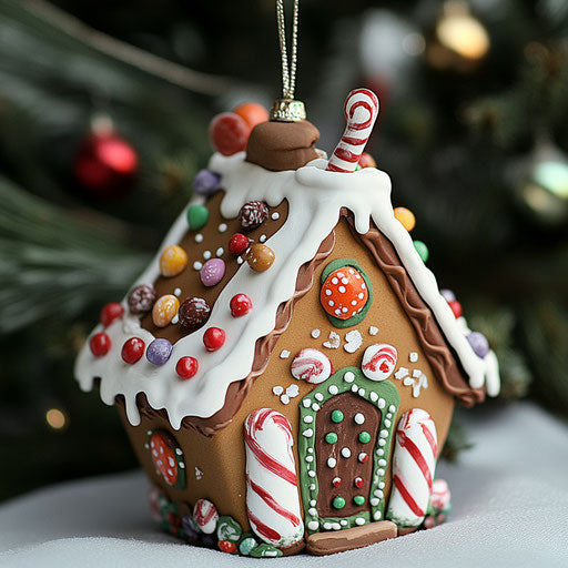 Whimsical clay ornament shaped like a gingerbread house