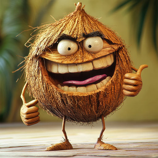 Humorous caricature of a coconut with human characteristics