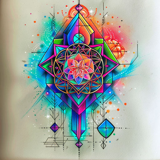 Retro tattoo sketch of the Flower of Life, 80s neon colors and geometric shapes
