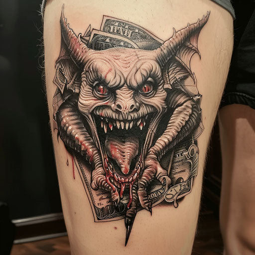 Money tattoo with dark surrealism