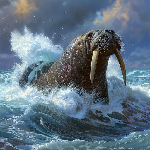 The powerful walrus seal emerging from the ocean, with water cascading off its tusks.