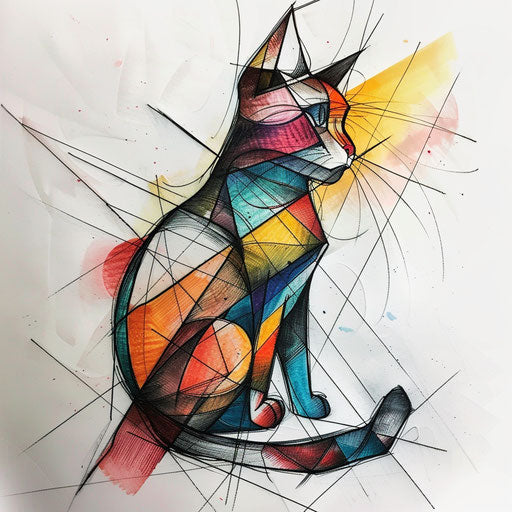 Tattooed cat silhouette with geometric shapes, vibrant colors