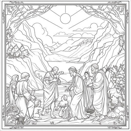 The Birth of Moses with vibrant and lively scenes in the style of Jen Bartel, Coloring book page