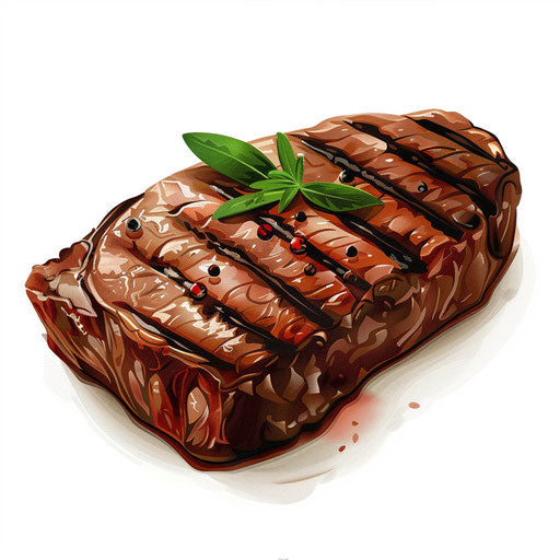 Realistic steak illustration on white background, high detail and colors
