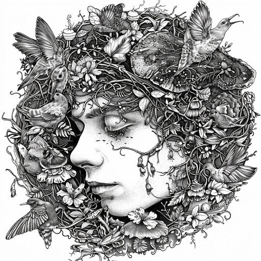 Artistic grunge tattoo in a surreal enchanted forest