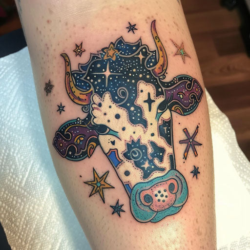 Cosmic cow tattoo with stars and galaxy patterns