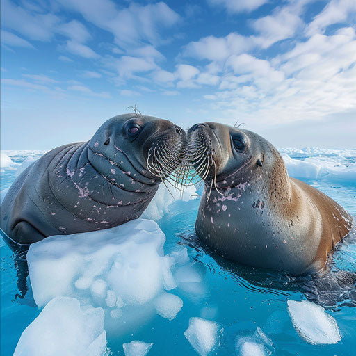 A playful encounter of walrus seals in the crystal-clear waters