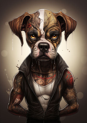 A tattooed cartoon boxer dog, Viveros style, Beuys, punk