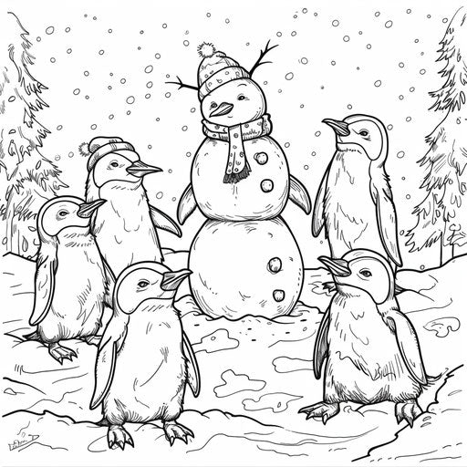 Penguins building a snowman together