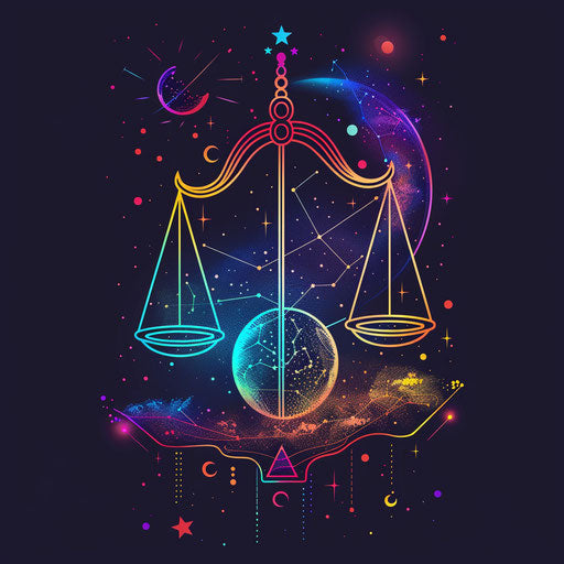 Neon colors Libra constellation tattoo on dark background