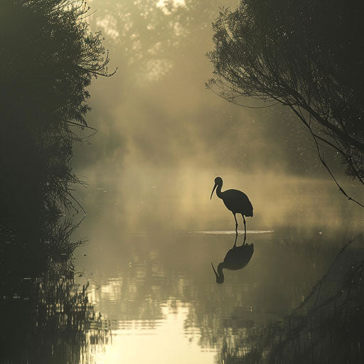 Ibis in a misty morning scene with an ethereal atmosphere