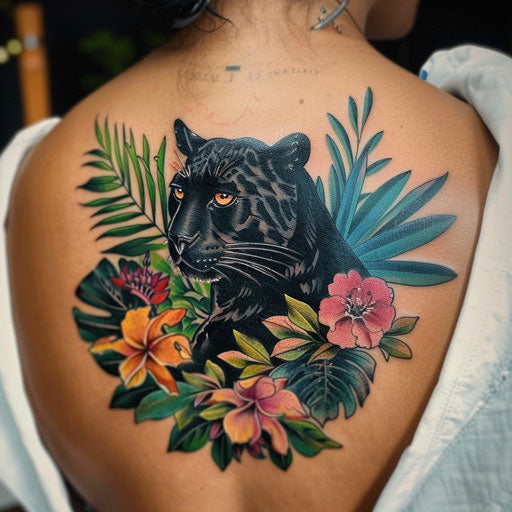 Illustrative black panther tattoo in vibrant jungle on white