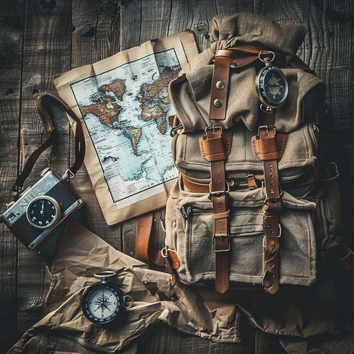 Backpack, map, and compass for the next adventure