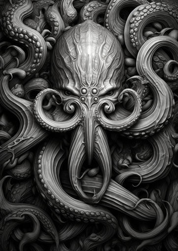 Engraving of an octopus, monochromatic graphic design style