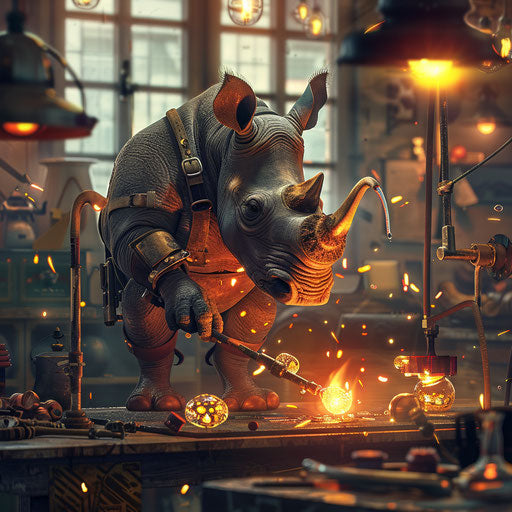 The rhino glassblower creates art in glowing studio