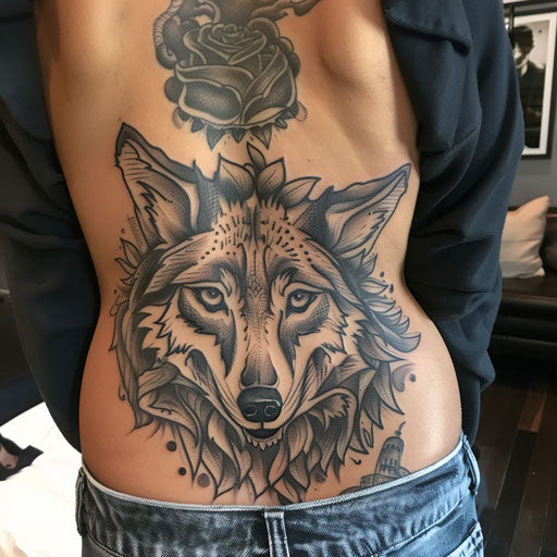 Lower back tattoo of a wolf, David Palumbo style