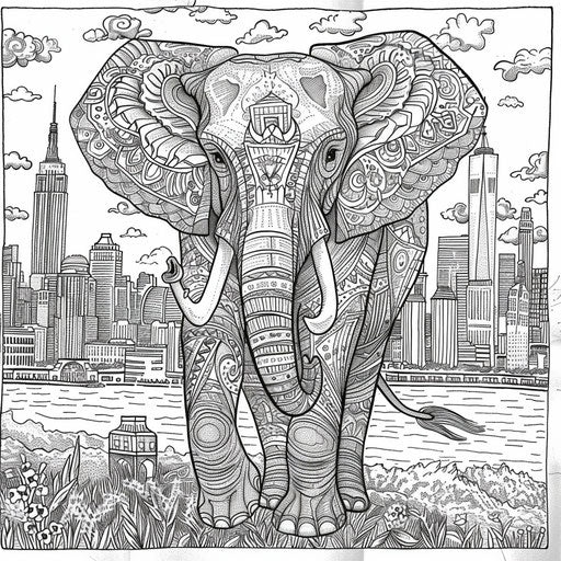 Elephant with city details in background in the style of a coloring book