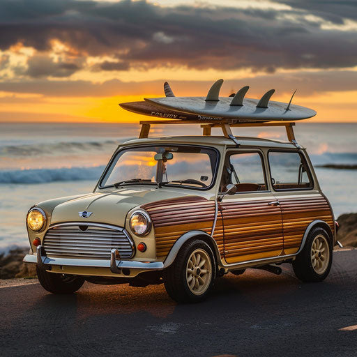 Vintage surf car on beach at sunset