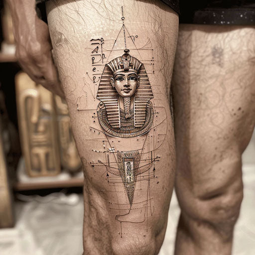 Elegant flat tattoo sketch of a pharaoh with hieroglyphic