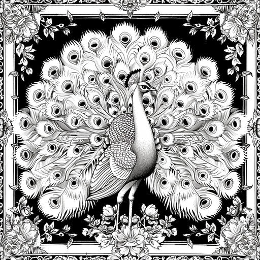 Elaborate peacock with feathers fully displayed in floral setting