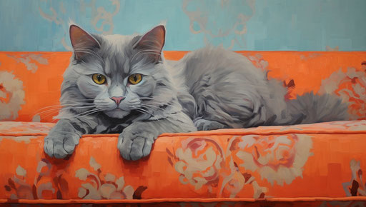 Gray cat on orange couch, persian miniature style, light maroon and light azure