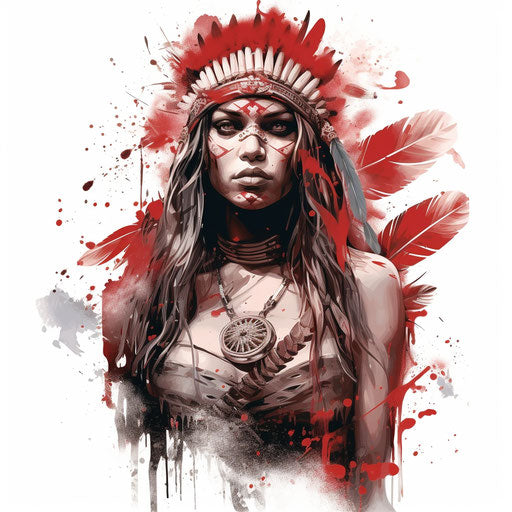 Indian tattoo, dark white-red style, misty naturecore faces
