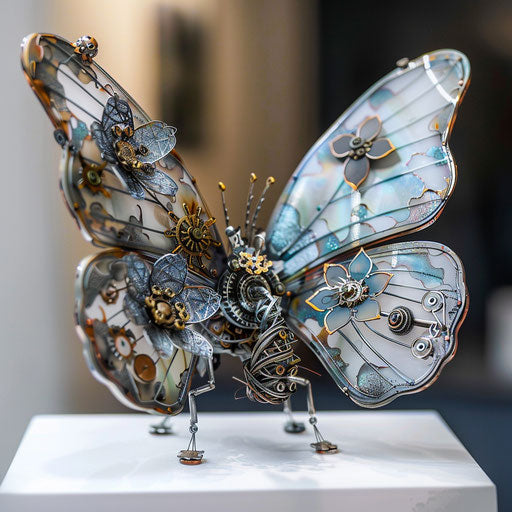 Steampunk butterfly with mechanical flowers, detailed design