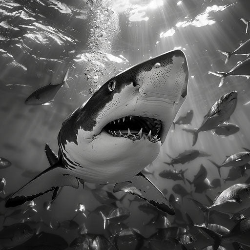 Tiger shark with a school of fish in the background, in the style of Laurent Baheux